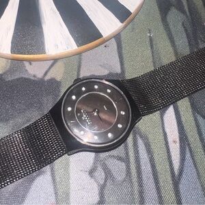SKAGEN Black Steel Mesh Watch Featuring Black Mother of Pearl Watch Face